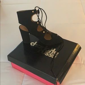 Size 8 Black Suede Open Toe Lace Up Heels